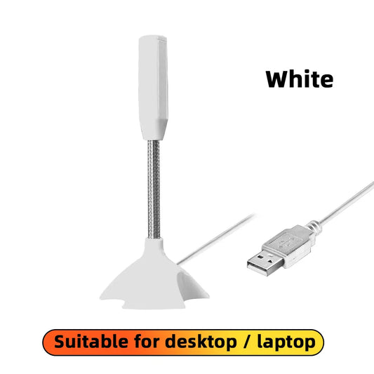 White usb desktop microphone with flexible metallic stem and plastic base for gaming streaming mikrofon stand use