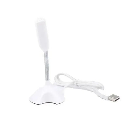 White desktop usb microphone with flexible gooseneck and coiled cable for gaming streaming mikrofon stand use