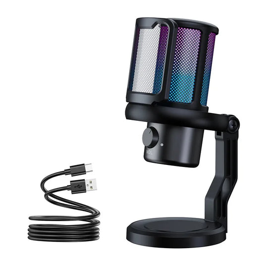 Black condenser podcast mic with perforated grille rgb lighting noise cancellation gaming microphone on adjustable stand