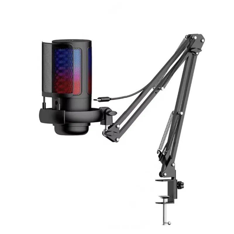 Black usb condenser microphone with rgb lighting and pop filter on adjustable metal arm for mac gaming recording and sound monitor microfone