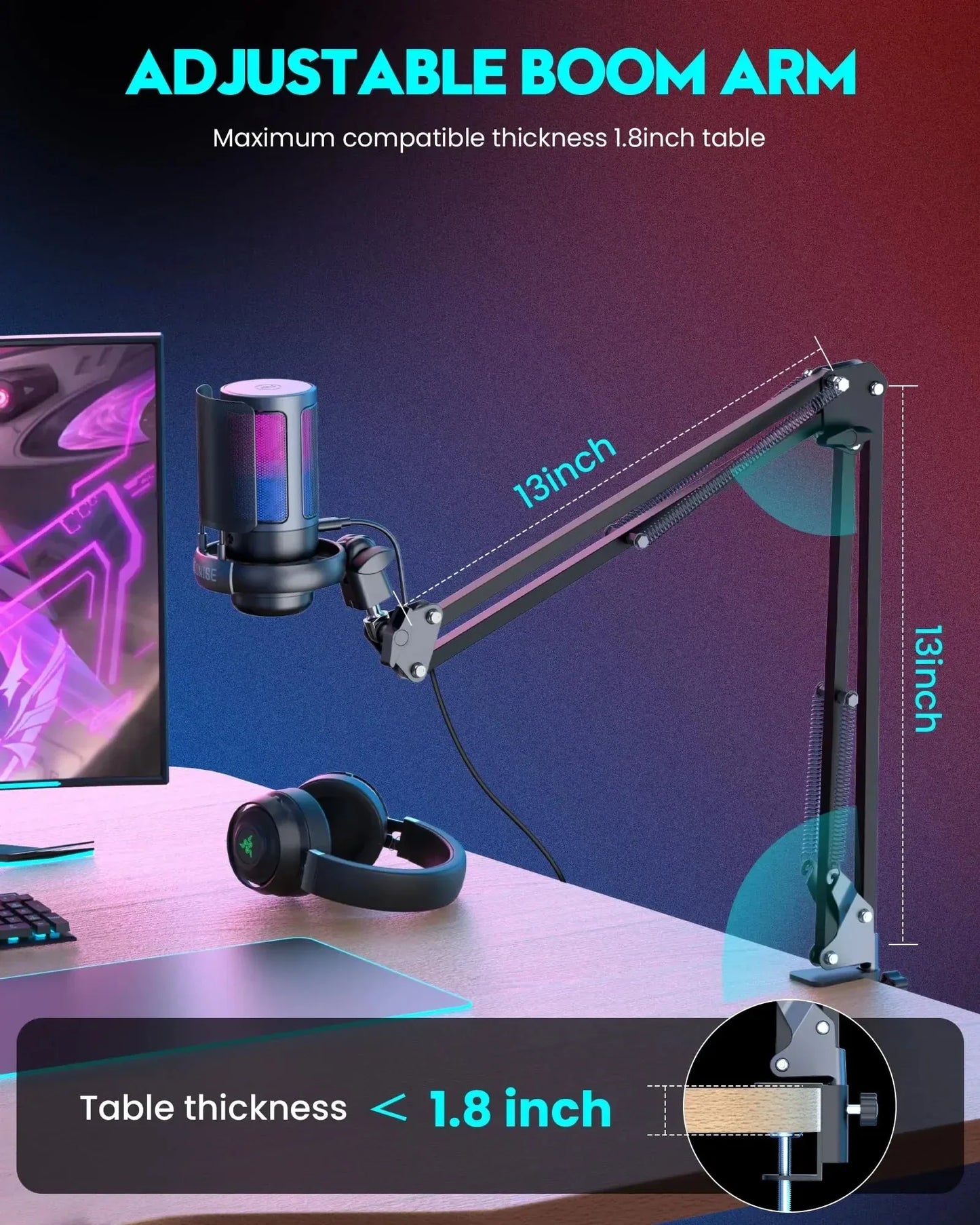 Black adjustable boom arm with 13 inch extendable length holds microphone for gaming recording podcast and sound monitor microfone