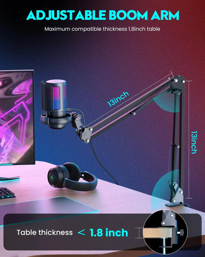 Black adjustable boom arm with 13 inch extendable length holds microphone for gaming recording podcast and sound monitor microfone