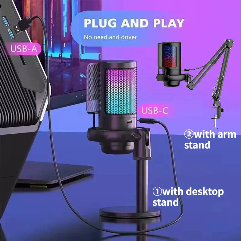 Black usb-c gaming microphone with mesh grille rgb lighting and adjustable stand for mac gaming recording and podcast use