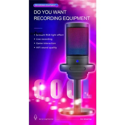 A sleek black usb condenser microphone with rgb lights and sound monitor microfone for mac gaming recording and podcasts