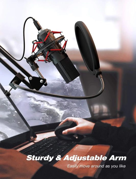 Black usb microphone kit with red shock mount pop filter and adjustable boom arm for home studio recording