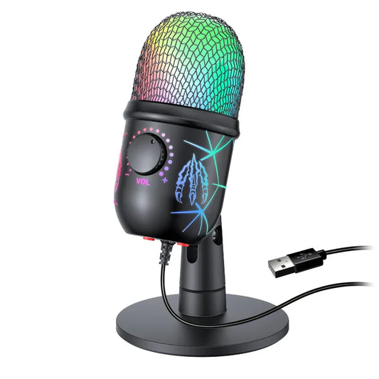 Black usb microphone play gaming mic with rgb mute monitor and rainbow-lit mesh grille for mac ps4 recording streaming
