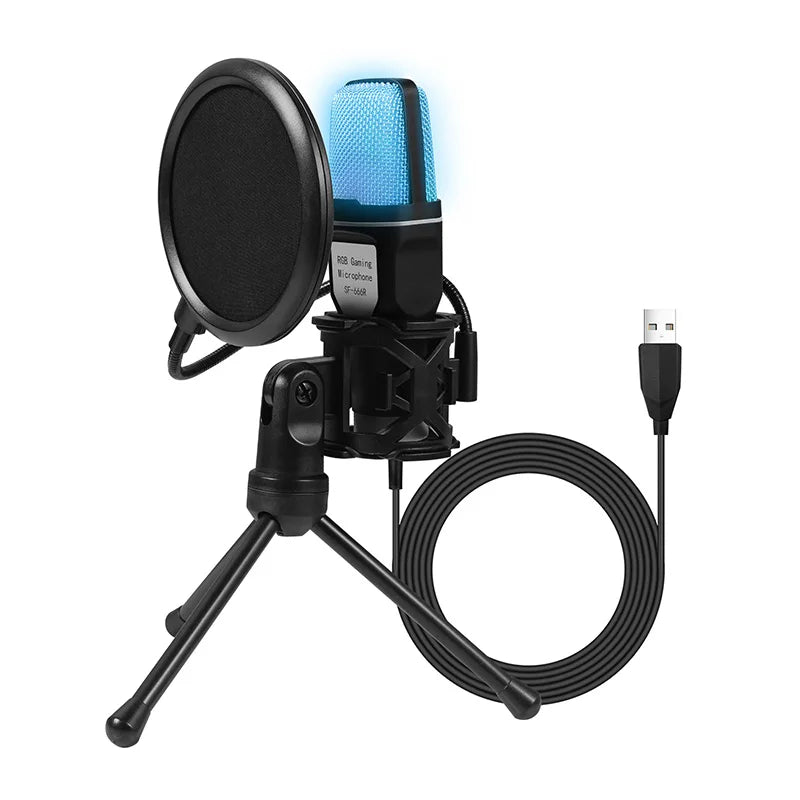 Black usb gaming microphone with blue mesh grille and pop filter on tripod stand for podcast recording and streaming