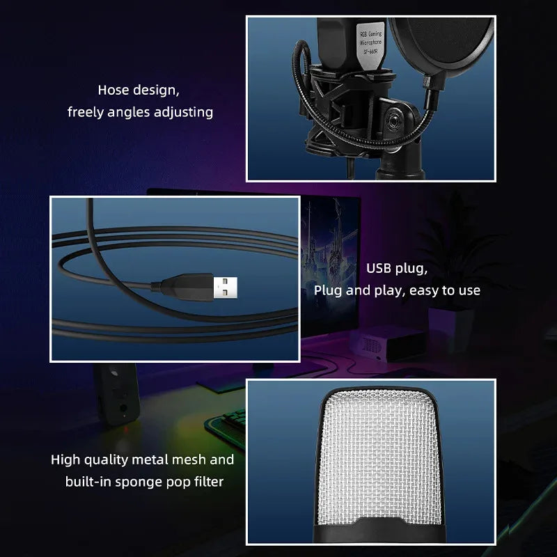 Black usb microphone rgb condensador noise reduction with mesh grille and pop filter for podcast recording studio