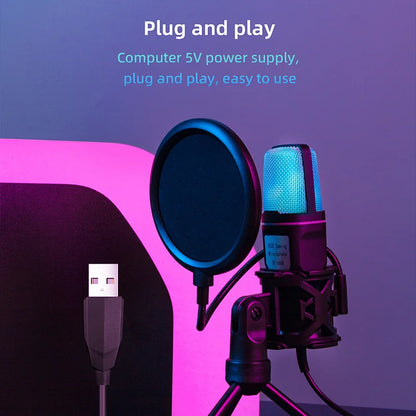 Blue-lit usb microphone rgb with black pop filter and tripod stand for podcast recording studio condensador noise reduction
