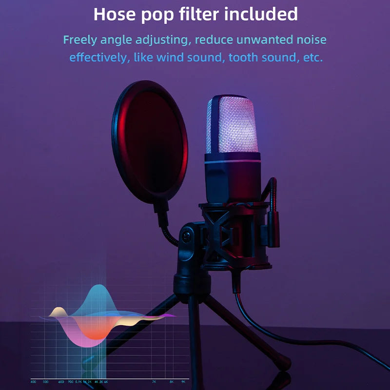 A sleek silver mesh usb microphone rgb condensador noise reduction with black pop filter on tripod for podcast recording studio