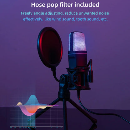 A sleek silver mesh usb condenser microphone with black pop filter on tripod for podcast recording and streaming