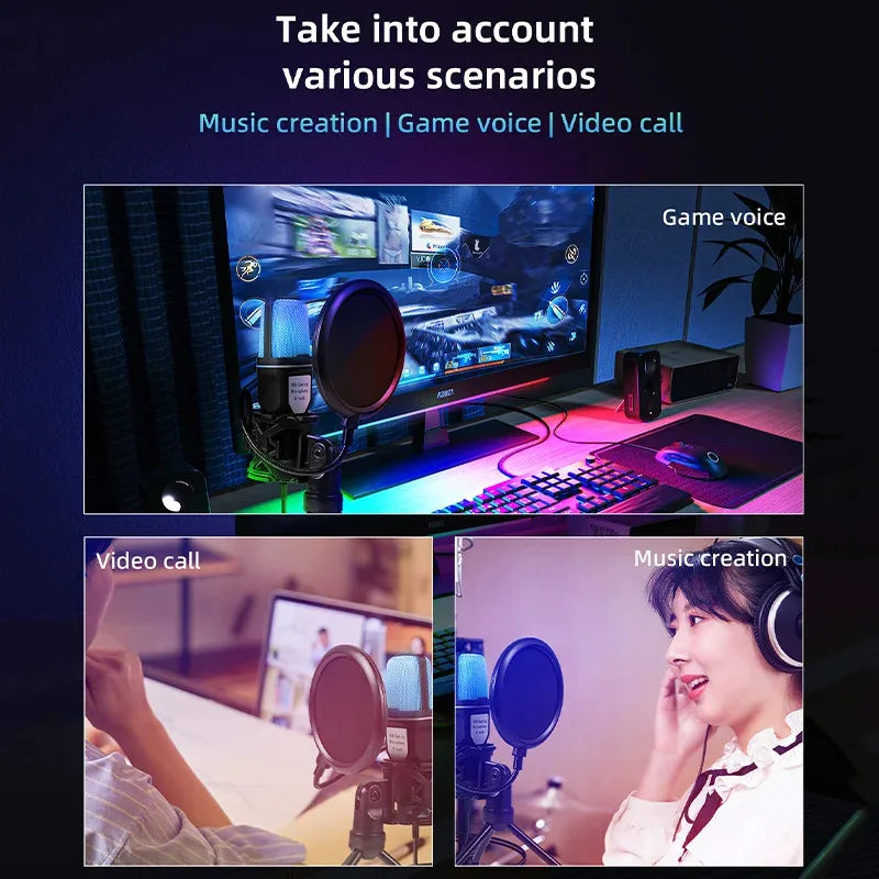 Blue mesh pop filter mounted on black stand for usb microphone rgb condensador noise reduction in podcast recording studio