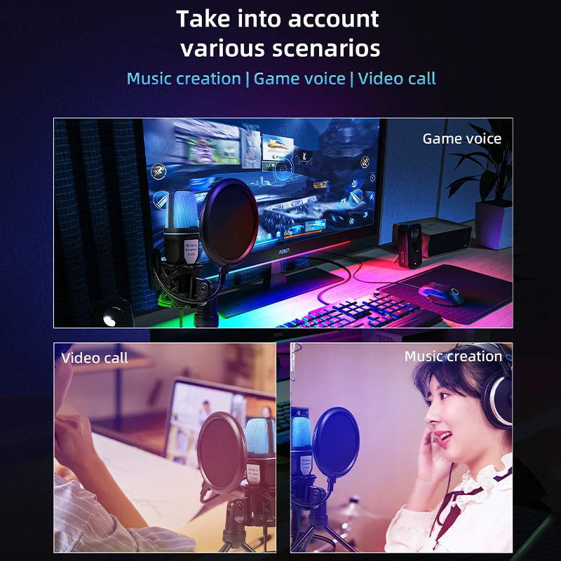Blue mesh pop filter mounted on black microphone stand for usb microphone rgb condensador noise reduction podcast recording studio