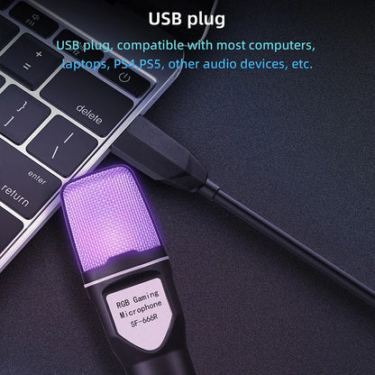 Purple-lit usb microphone rgb sf-666r with black mesh grille for podcast recording studio streaming laptop use