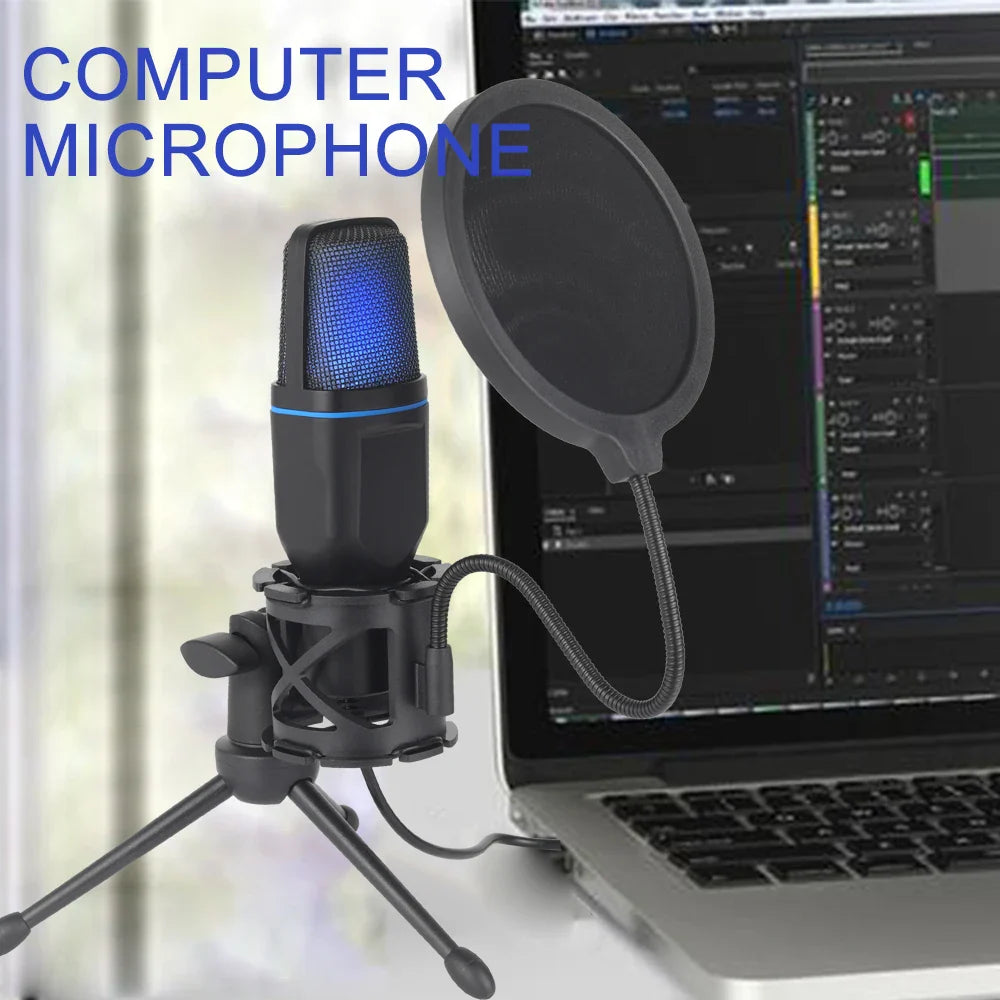 Black usb microphone with blue mesh grille and pop filter on flexible arm mounted on tripod for podcast recording and streaming