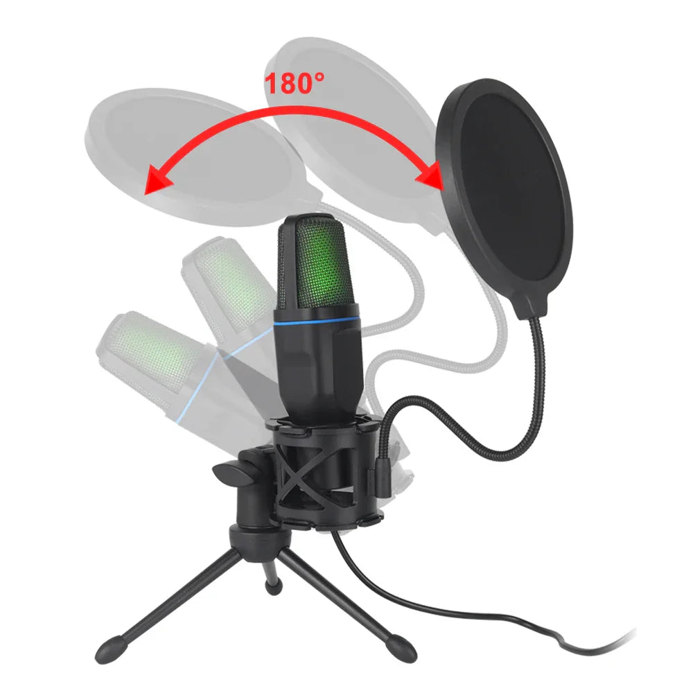 Black usb microphone rgb with green mesh grille and blue accent ring on tripod with pop filter for podcast recording studio