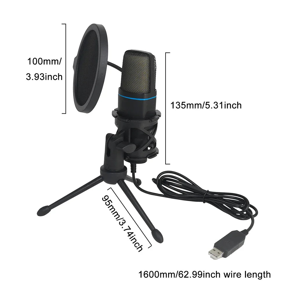 Black usb microphone with pop filter tripod stand and blue accent ring for podcast recording studio streaming laptop use