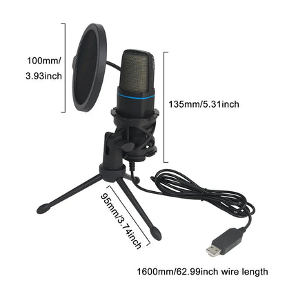 Black usb microphone rgb with blue accent ring, pop filter, and tripod stand for podcast recording studio and gaming use