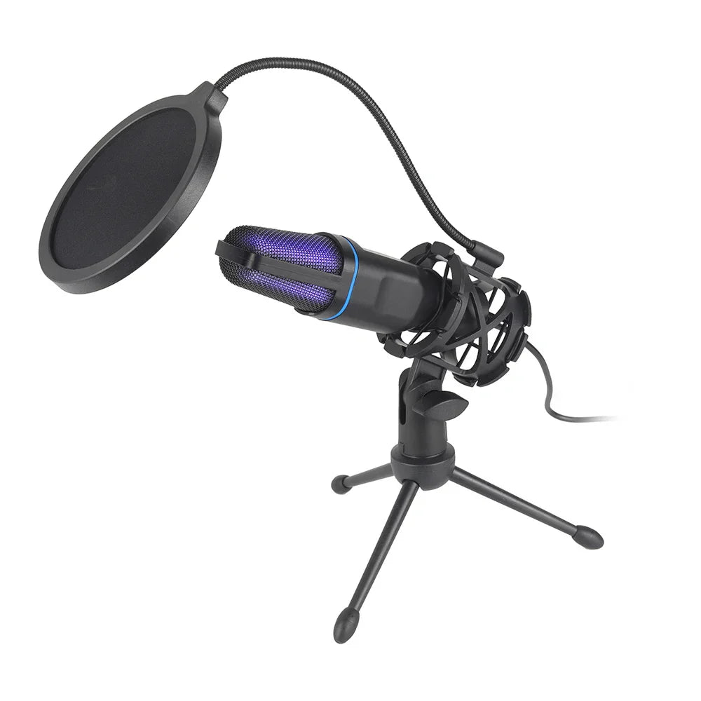 Black usb microphone rgb with purple mesh grille and blue accent ring on tripod stand with pop filter for podcast recording studio and condensador wire gaming