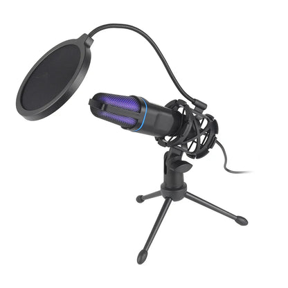 Black usb microphone rgb with purple mesh grille and blue accent ring on tripod stand with pop filter for podcast recording studio and condensador wire gaming