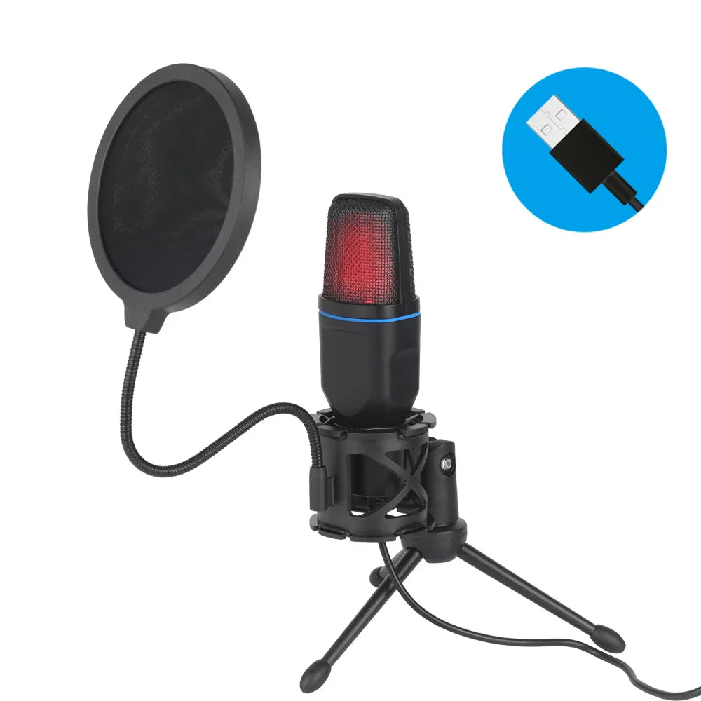 Black usb microphone rgb with red mesh grille and blue accent ring mounted on tripod for podcast recording studio use