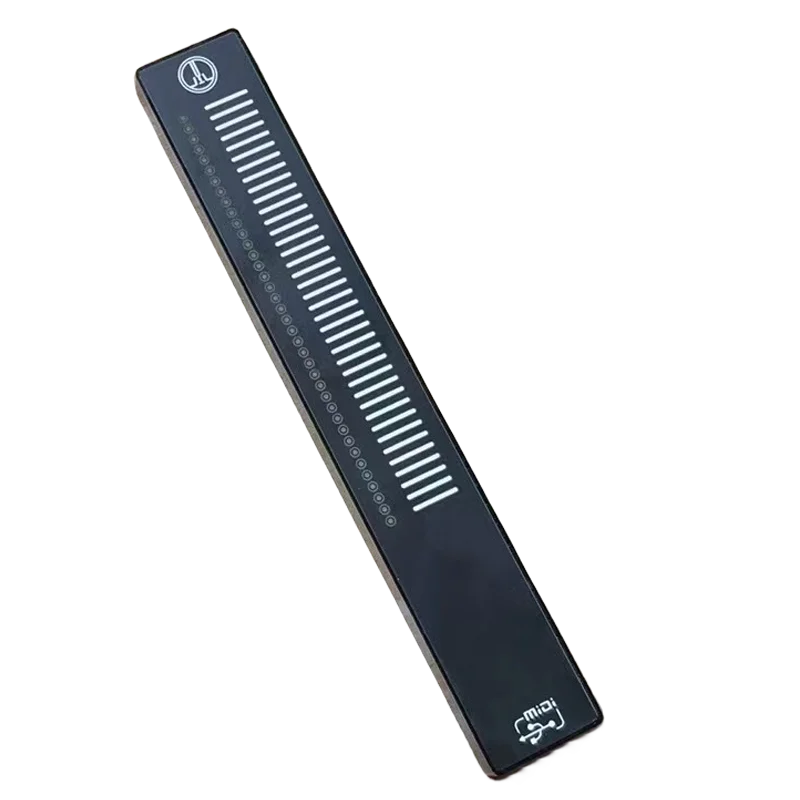 Black rectangular sliding touch music controller with white stripes and circular markings for volume anchors recording
