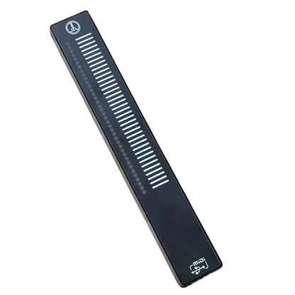 Black rectangular sliding touch music controller with white stripes and circular markings for volume anchors recording