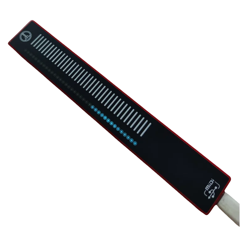 Red and black usb flash drive with white vertical lines and blue led indicators for sliding touch music volume anchors recording