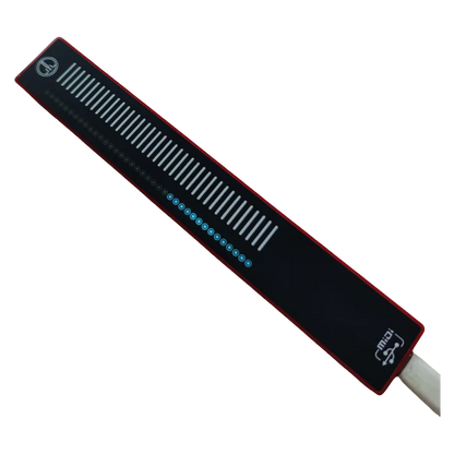 Red and black usb flash drive with white vertical lines and blue led indicators for sliding touch music volume anchors recording