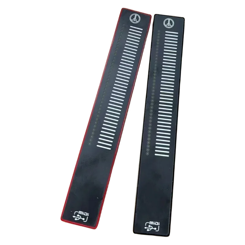 Black and red usb midi sliding touch music controller strips with white lines for volume anchors recording and arrangement