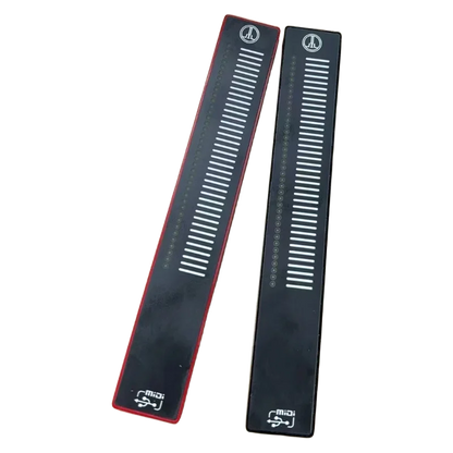 Black and red usb midi sliding touch music controller strips with white lines for volume anchors recording and arrangement