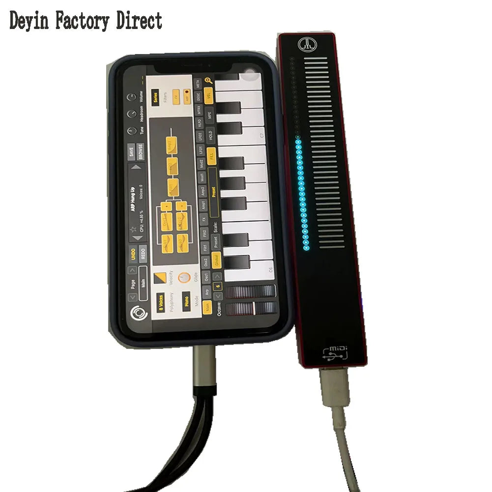 Black smartphone case with built-in mini keyboard and display featuring sliding touch music controller and volume anchors recording