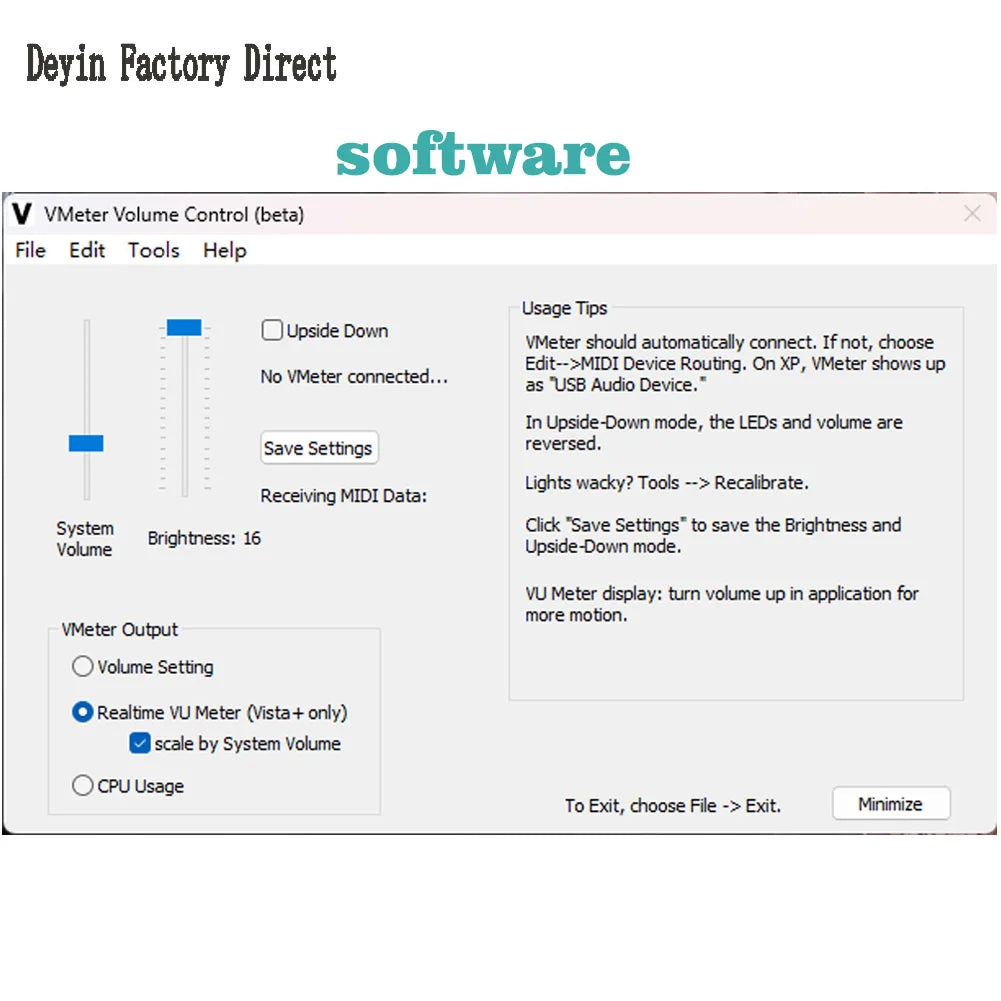 The vmeter sliding touch music controller software interface features volume anchors recording on a light gray background
