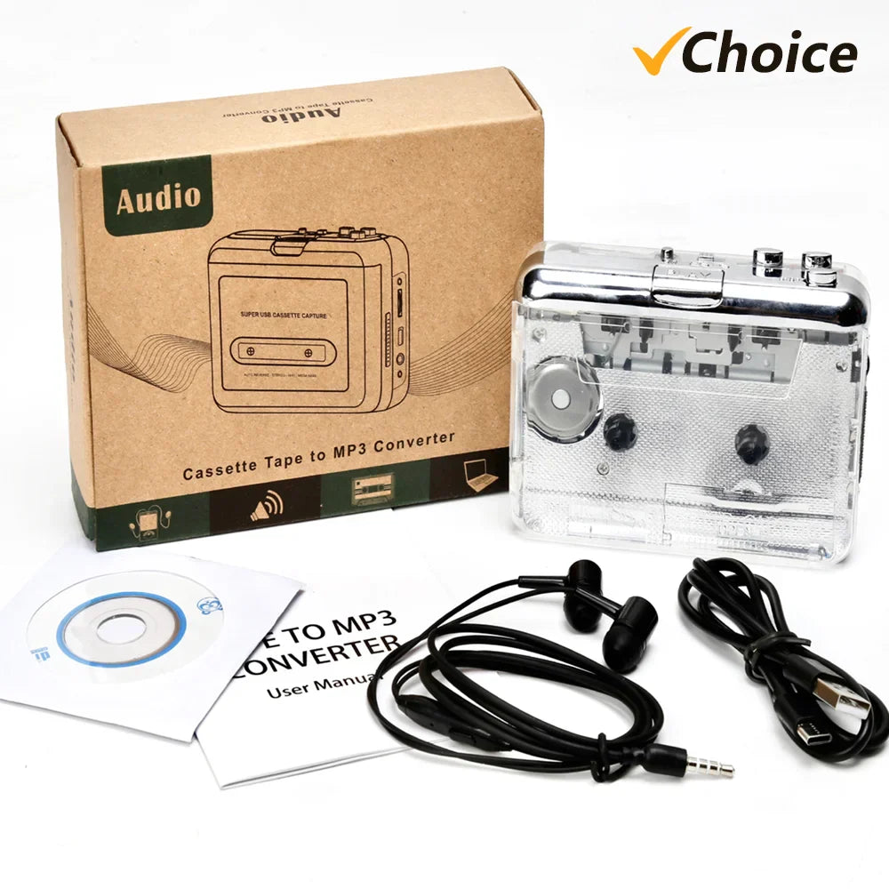 Clear plastic usb music player mp3 converter walkman with chrome accents and visible internal battery cassette tape components