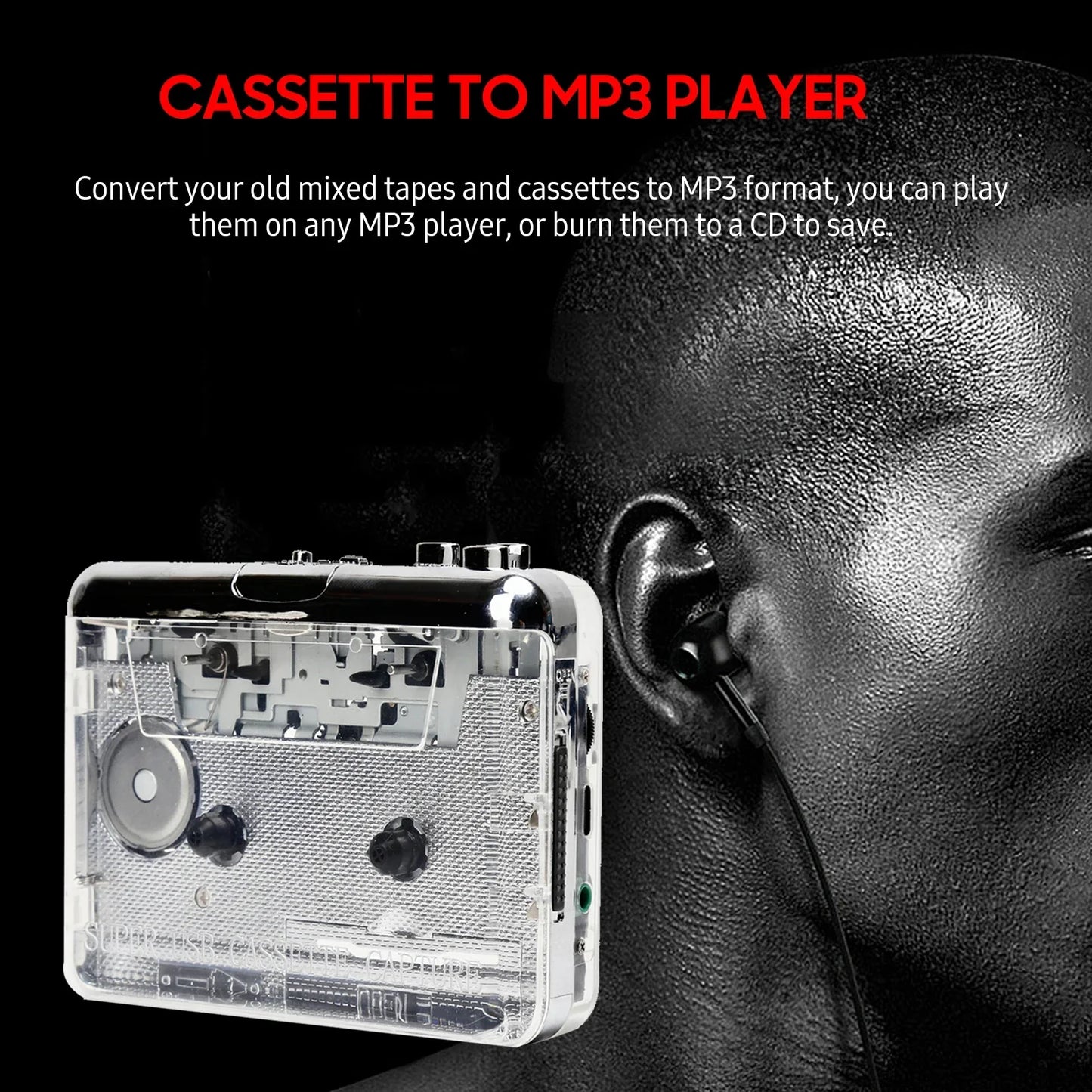 Clear plastic usb music player mp3 converter walkman with silver casing and visible components for laptop pc travel