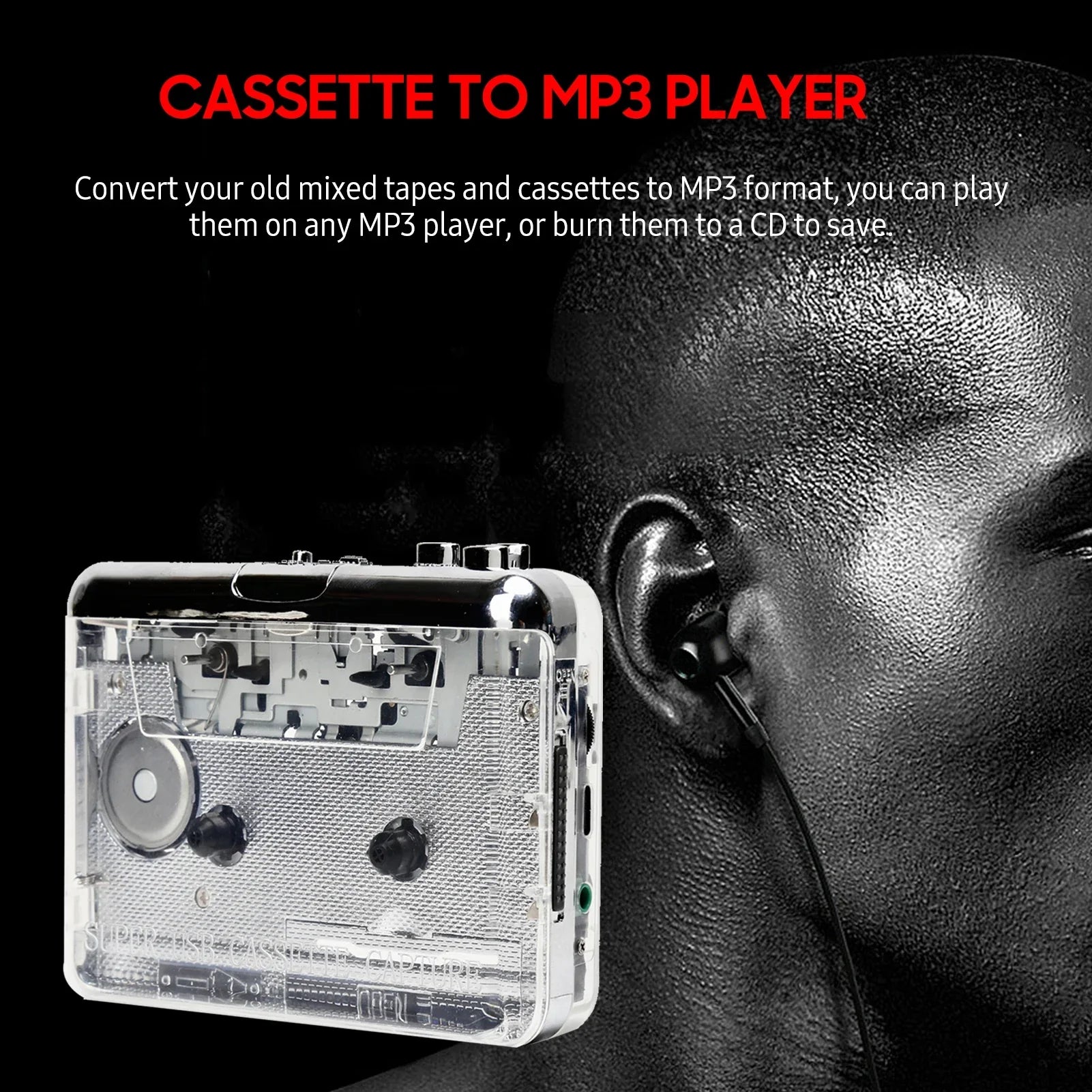 Clear plastic usb music player mp3 converter walkman with silver casing and visible components for laptop pc travel