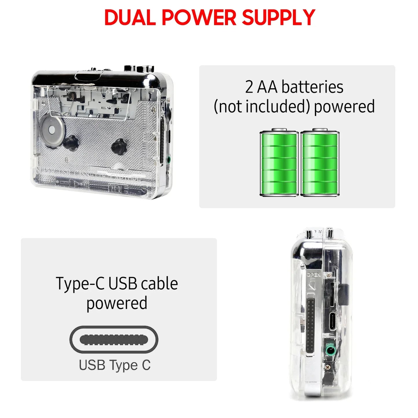 Clear plastic-cased usb music player with silver accents and visible internal parts acts as mp3 converter walkman for battery cassette tape use