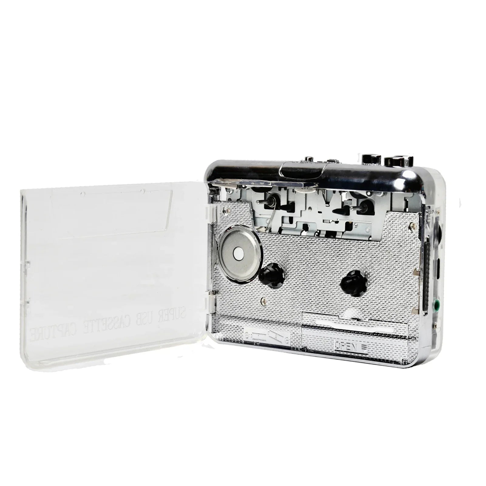 Silver metallic usb music player with transparent lid and exposed internal battery cassette tape for mp3 converter walkman use