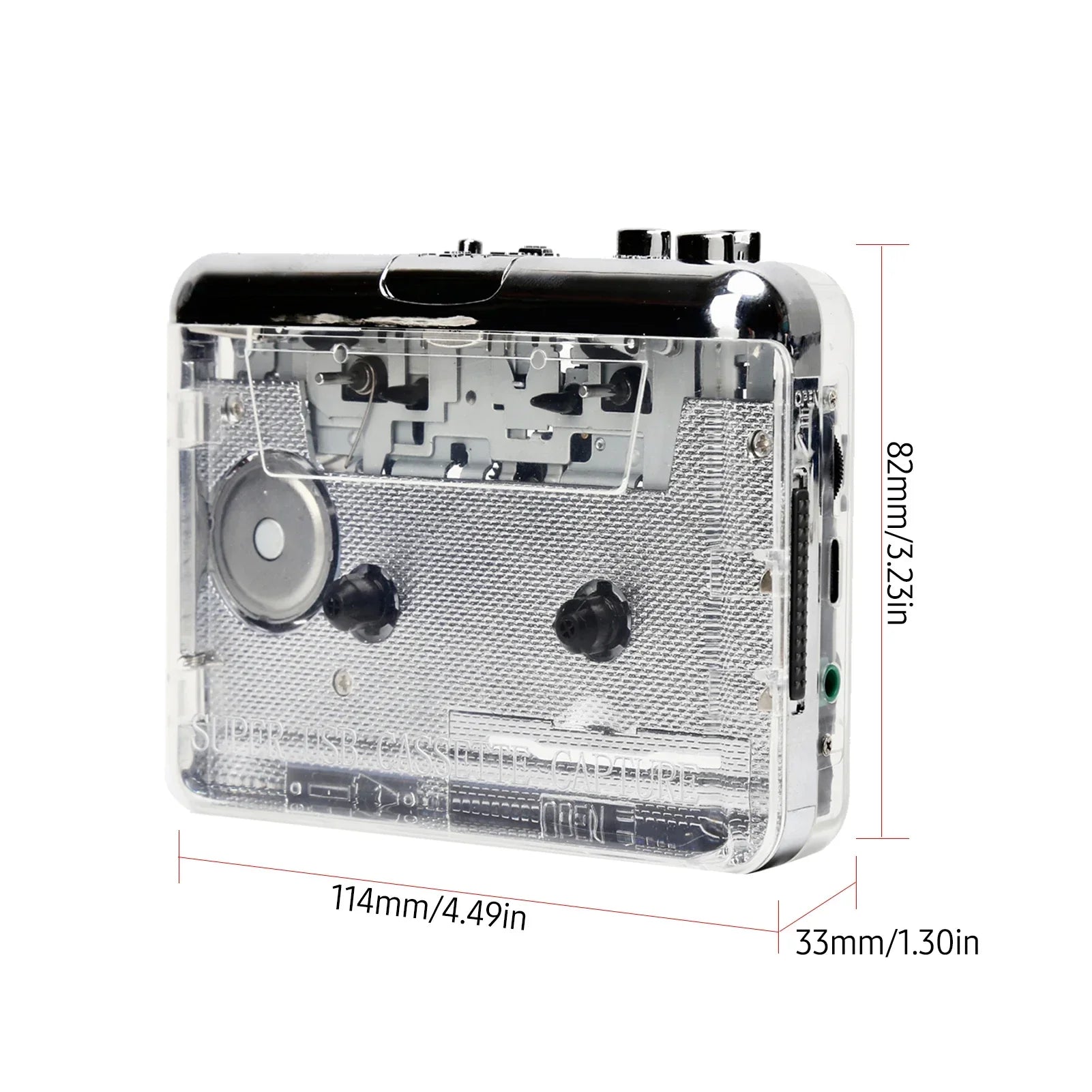 Transparent plastic usb music player with chrome top and black knobs battery cassette tape mp3 converter walkman