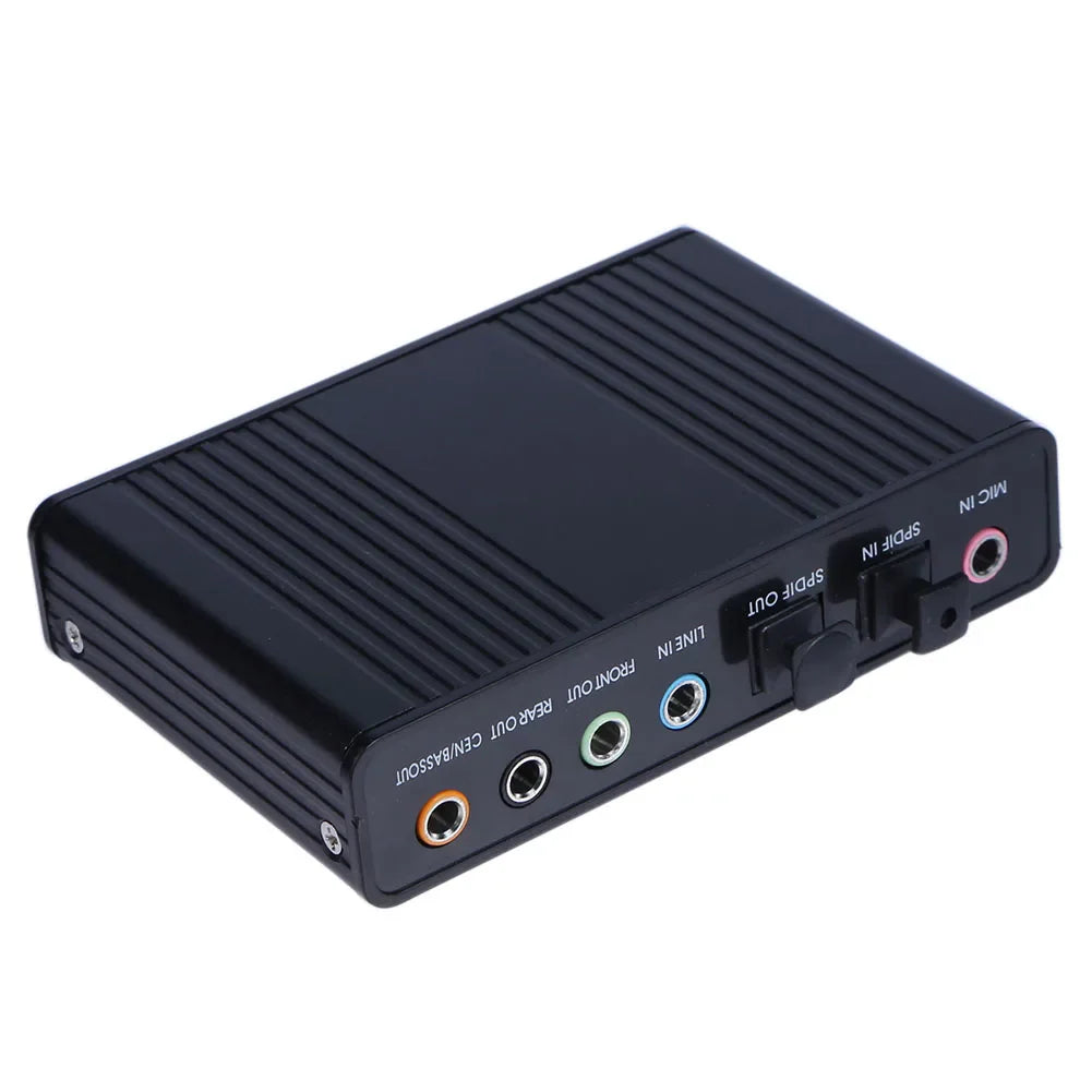 Black rectangular usb optical sound card with colored rca and 3.5mm jacks supports surround sound 48khz samplingrate digital record standard