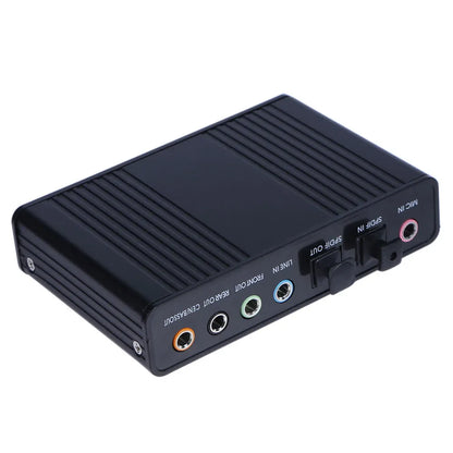 Black rectangular usb optical sound card with colored rca and 3.5mm jacks supports surround sound 48khz samplingrate digital record standard