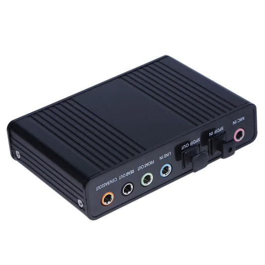 Black rectangular usb optical sound card with colored rca and 3.5mm jacks supports surround sound 48khz samplingrate digital record standard