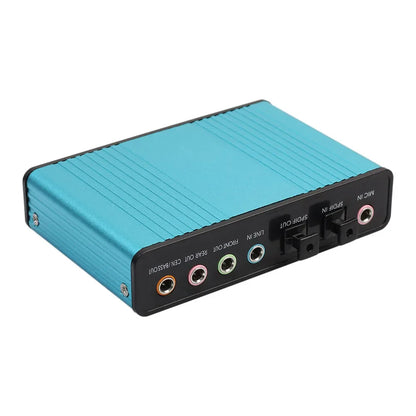 Turquoise aluminum usb optical sound card with black panel and rca jacks supports surround sound 48khz samplingrate digital record