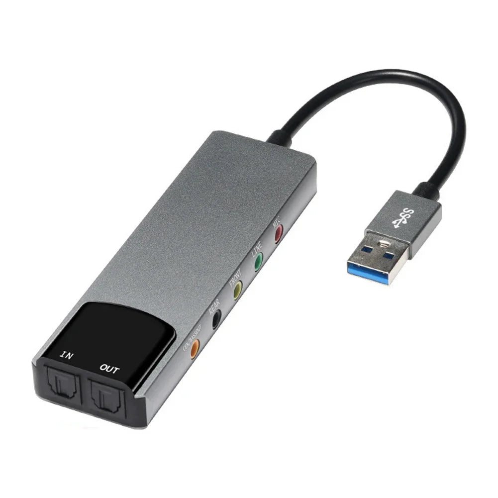 Gray aluminum usb 3.0 audio adapter with color-coded rca jacks and blue usb connector supports surround sound 48khz samplingrate digital record