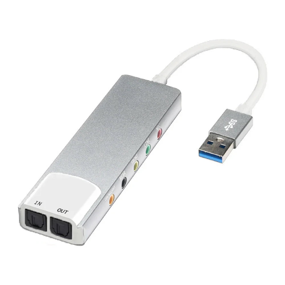 Silver USB 3.0 to optical audio adapter with multiple colored ports and white cable supporting surround sound 48khz samplingrate digital record