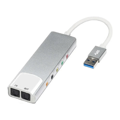 Silver USB 3.0 to optical audio adapter with multiple colored ports and white cable supporting surround sound 48khz samplingrate digital record