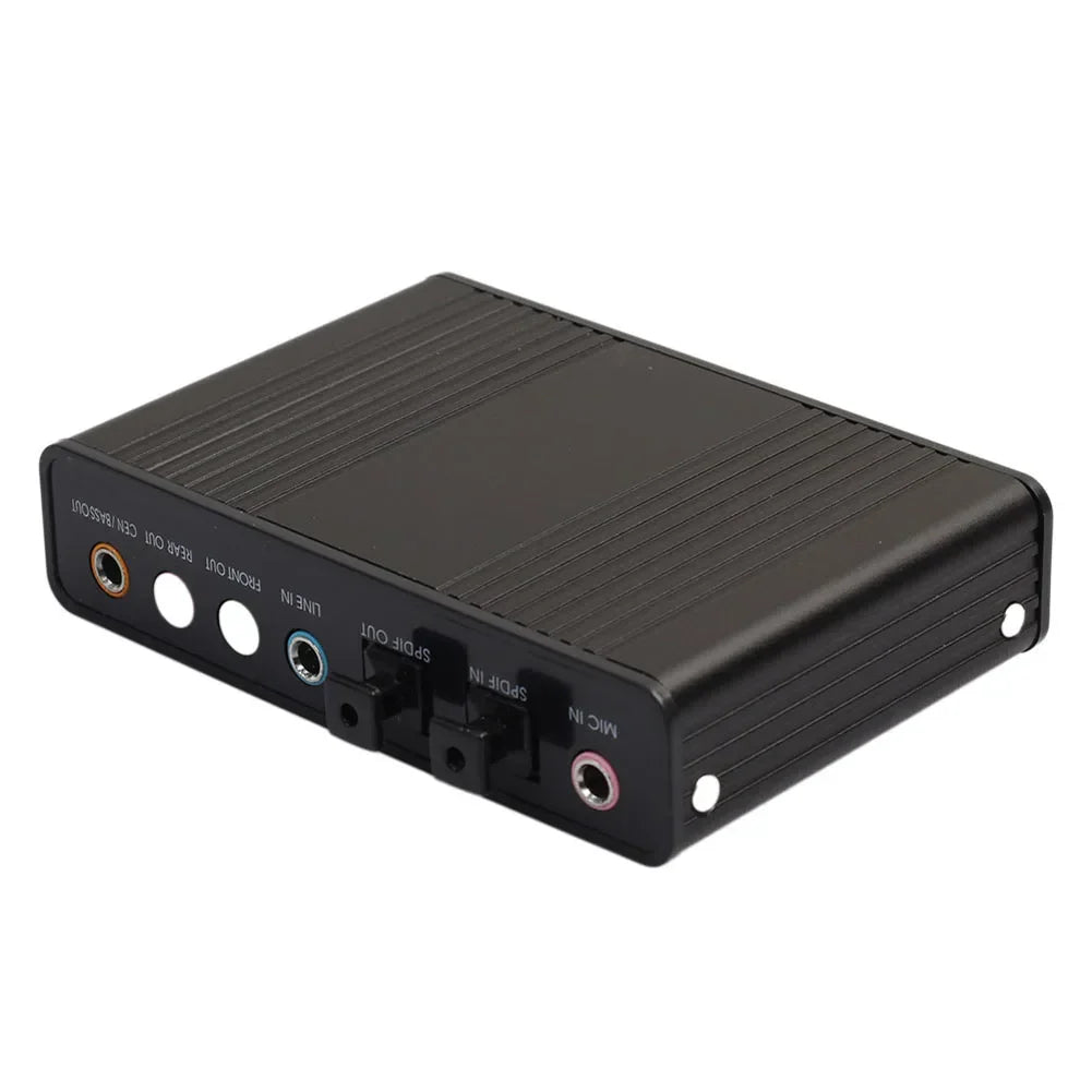 Black rectangular usb optical sound card with multiple ports supports surround sound 48khz samplingrate digital record standard