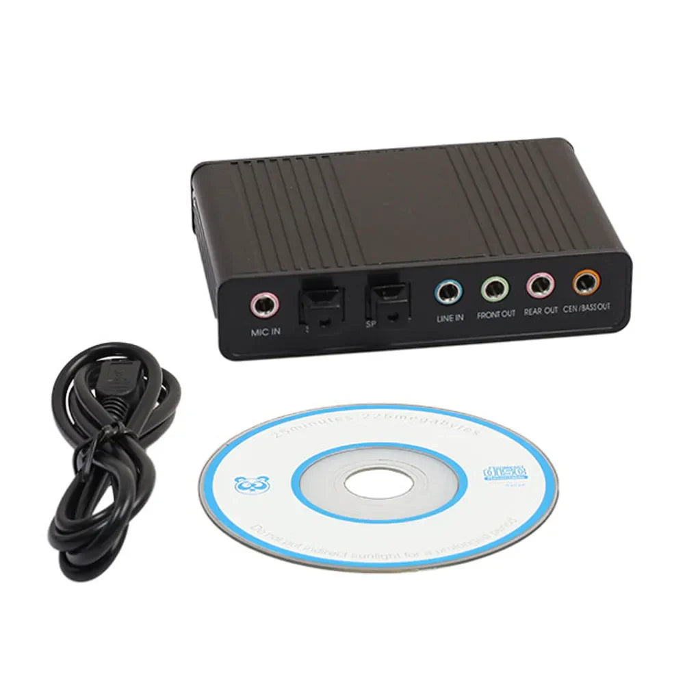 Black rectangular usb optical sound card with colored ports and power cable supports surround sound 48khz samplingrate digital record standard