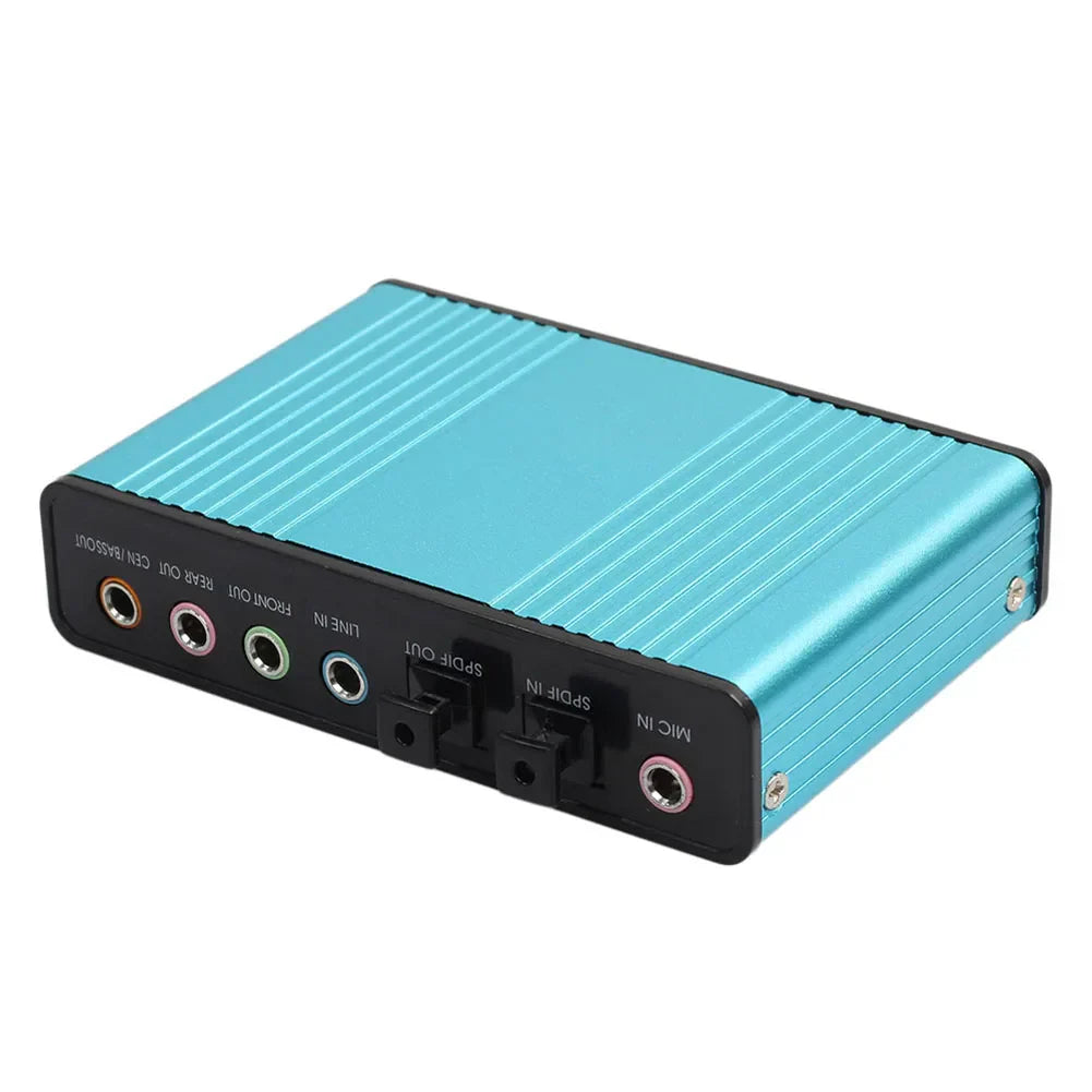 Blue aluminum usb optical sound card with black panel and colored rca jacks supports surround sound 48khz samplingrate digital record
