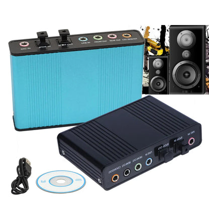 Blue and black usb optical sound card with multiple colored jacks and usb cable supports surround sound 48khz samplingrate digital record standard